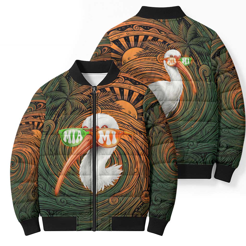 Vintage American White Ibis Bomber Puffer Jacket Miami Sunglasses Artistic Tribal Wave Pattern