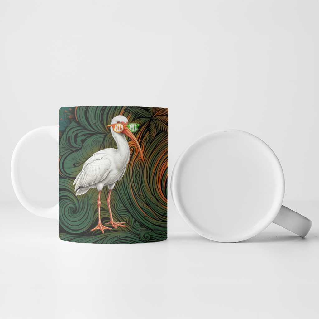 Vintage American White Ibis Ceramic Mug Miami Sunglasses Artistic Tribal Wave Pattern
