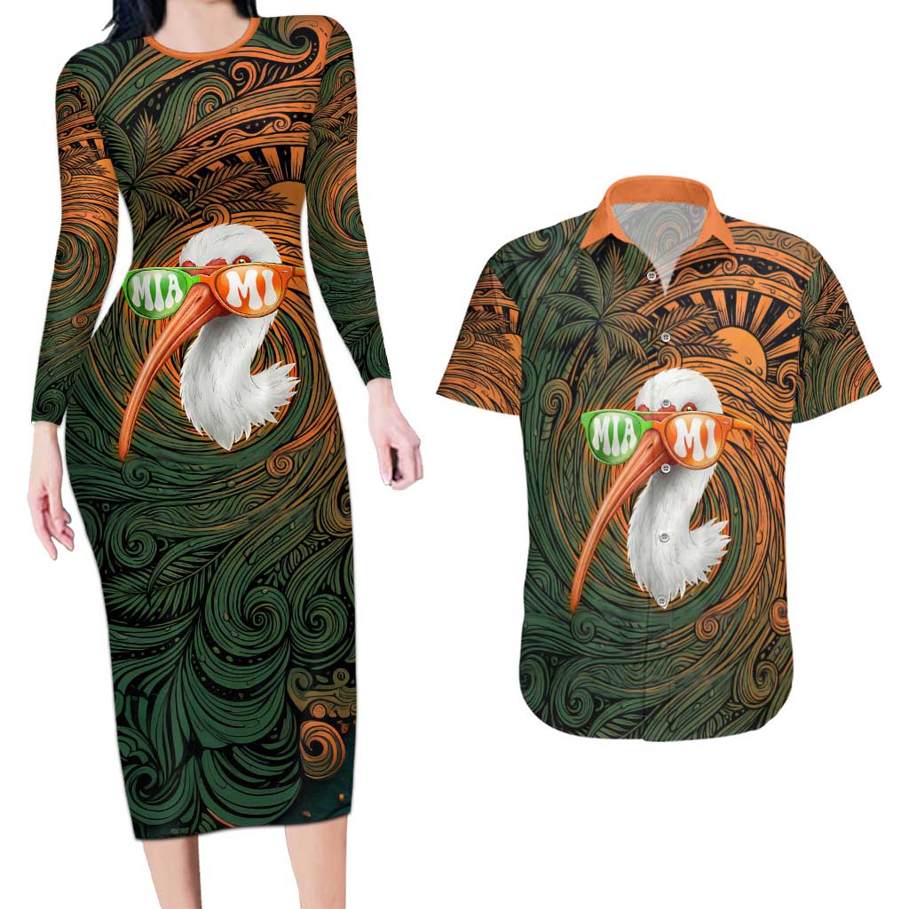 Vintage American White Ibis Couples Matching Long Sleeve Bodycon Dress and Hawaiian Shirt Miami Sunglasses Artistic Tribal Wave Pattern