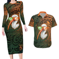 Vintage American White Ibis Couples Matching Long Sleeve Bodycon Dress and Hawaiian Shirt Miami Sunglasses Artistic Tribal Wave Pattern