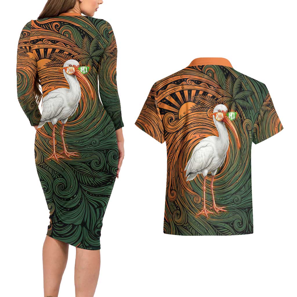 Vintage American White Ibis Couples Matching Long Sleeve Bodycon Dress and Hawaiian Shirt Miami Sunglasses Artistic Tribal Wave Pattern