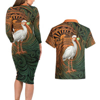 Vintage American White Ibis Couples Matching Long Sleeve Bodycon Dress and Hawaiian Shirt Miami Sunglasses Artistic Tribal Wave Pattern
