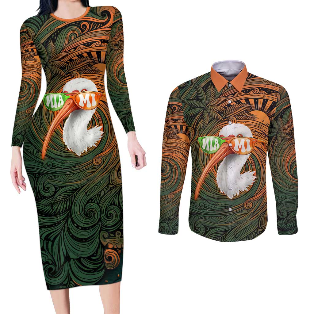 Vintage American White Ibis Couples Matching Long Sleeve Bodycon Dress and Long Sleeve Button Shirt Miami Sunglasses Artistic Tribal Wave Pattern