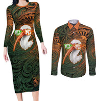 Vintage American White Ibis Couples Matching Long Sleeve Bodycon Dress and Long Sleeve Button Shirt Miami Sunglasses Artistic Tribal Wave Pattern