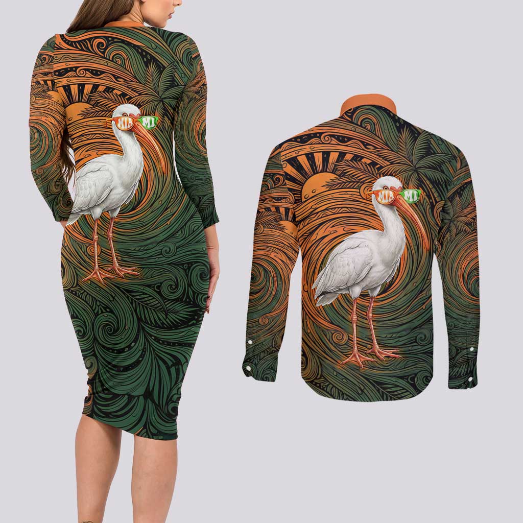 Vintage American White Ibis Couples Matching Long Sleeve Bodycon Dress and Long Sleeve Button Shirt Miami Sunglasses Artistic Tribal Wave Pattern