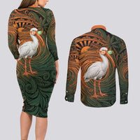 Vintage American White Ibis Couples Matching Long Sleeve Bodycon Dress and Long Sleeve Button Shirt Miami Sunglasses Artistic Tribal Wave Pattern
