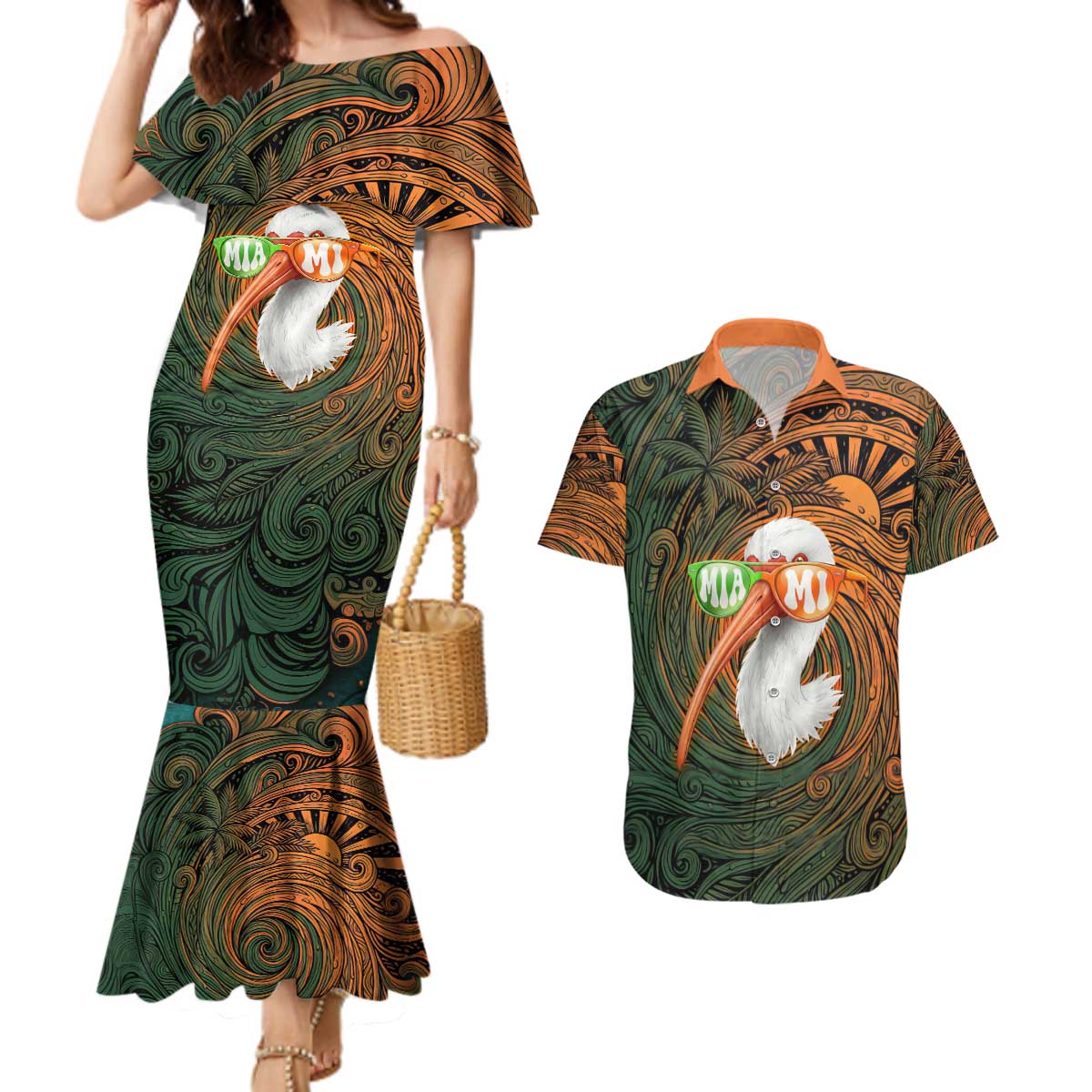 Vintage American White Ibis Couples Matching Mermaid Dress and Hawaiian Shirt Miami Sunglasses Artistic Tribal Wave Pattern