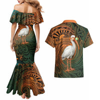 Vintage American White Ibis Couples Matching Mermaid Dress and Hawaiian Shirt Miami Sunglasses Artistic Tribal Wave Pattern