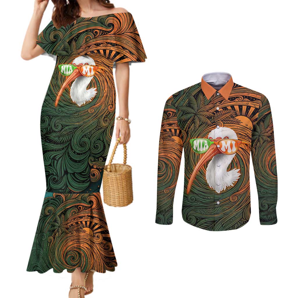 Vintage American White Ibis Couples Matching Mermaid Dress and Long Sleeve Button Shirt Miami Sunglasses Artistic Tribal Wave Pattern