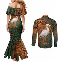 Vintage American White Ibis Couples Matching Mermaid Dress and Long Sleeve Button Shirt Miami Sunglasses Artistic Tribal Wave Pattern