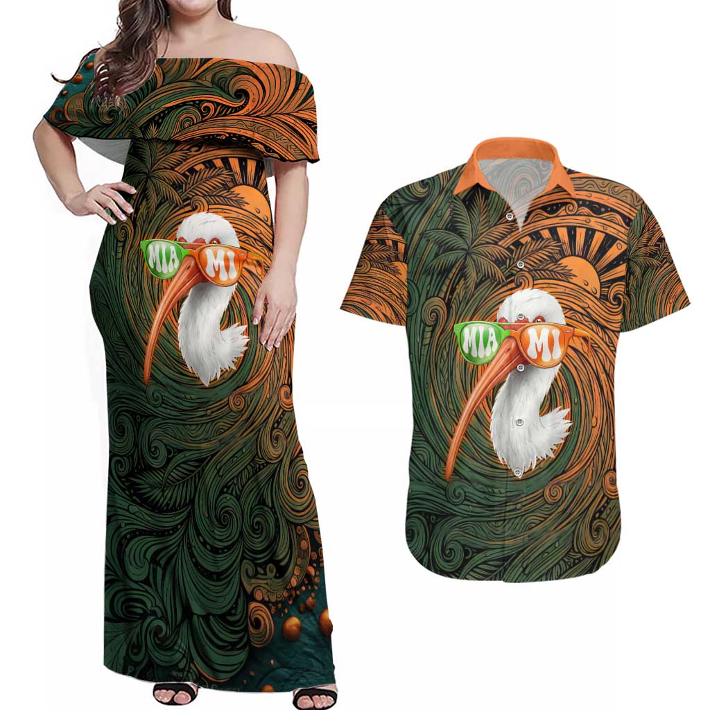 Vintage American White Ibis Couples Matching Off Shoulder Maxi Dress and Hawaiian Shirt Miami Sunglasses Artistic Tribal Wave Pattern