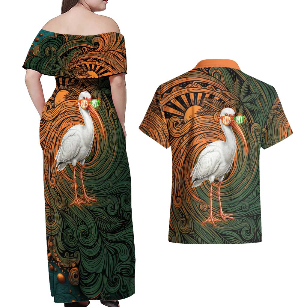 Vintage American White Ibis Couples Matching Off Shoulder Maxi Dress and Hawaiian Shirt Miami Sunglasses Artistic Tribal Wave Pattern