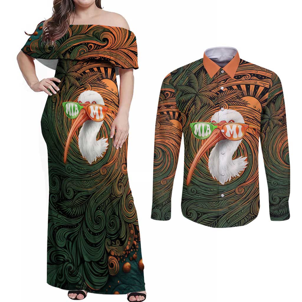 Vintage American White Ibis Couples Matching Off Shoulder Maxi Dress and Long Sleeve Button Shirt Miami Sunglasses Artistic Tribal Wave Pattern