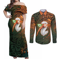 Vintage American White Ibis Couples Matching Off Shoulder Maxi Dress and Long Sleeve Button Shirt Miami Sunglasses Artistic Tribal Wave Pattern