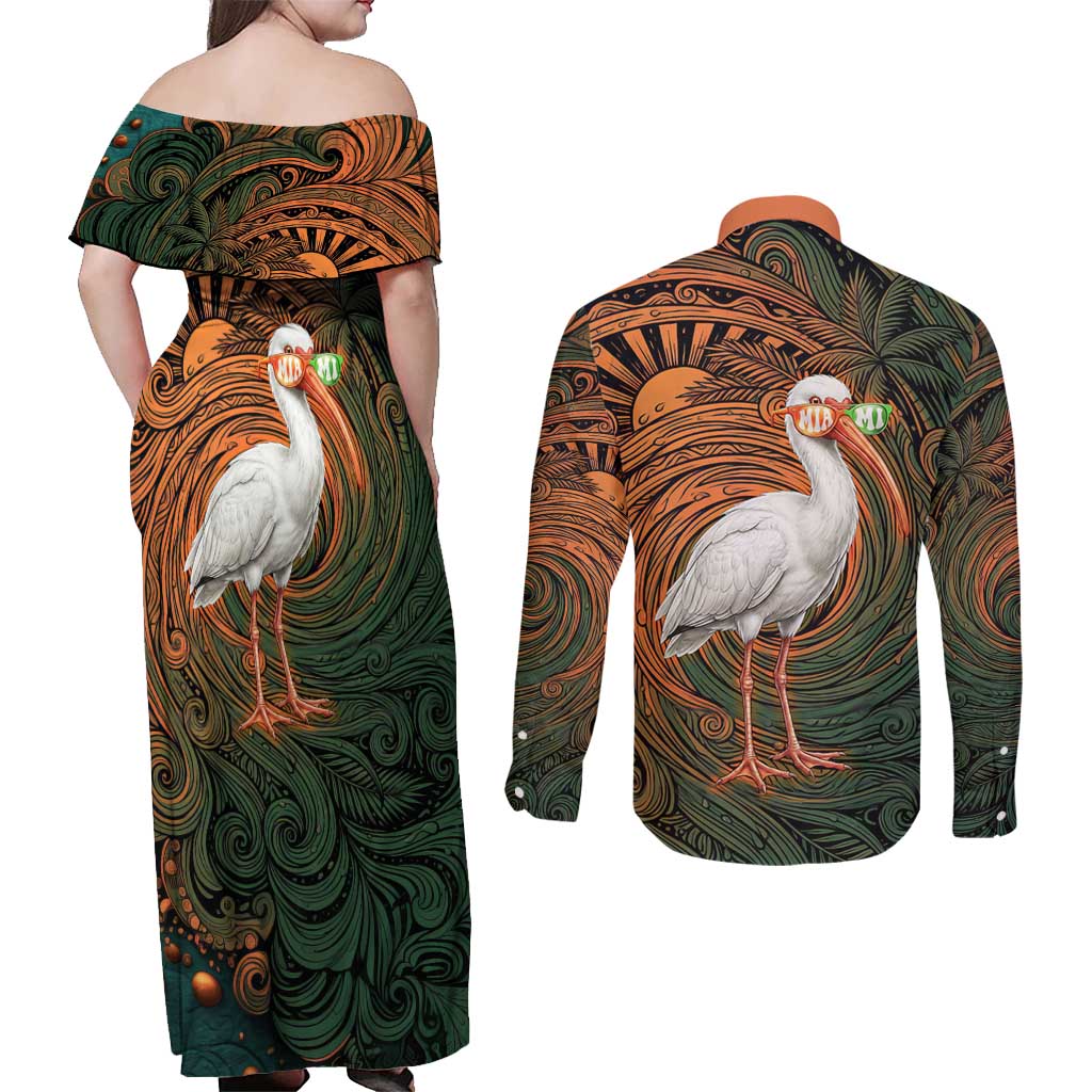 Vintage American White Ibis Couples Matching Off Shoulder Maxi Dress and Long Sleeve Button Shirt Miami Sunglasses Artistic Tribal Wave Pattern