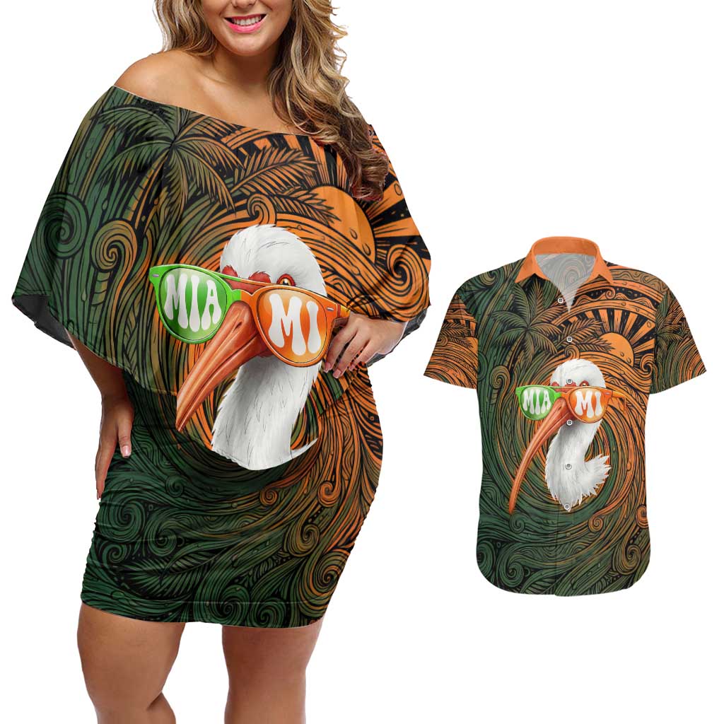 Vintage American White Ibis Couples Matching Off Shoulder Short Dress and Hawaiian Shirt Miami Sunglasses Artistic Tribal Wave Pattern