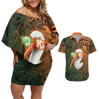 Vintage American White Ibis Couples Matching Off Shoulder Short Dress and Hawaiian Shirt Miami Sunglasses Artistic Tribal Wave Pattern