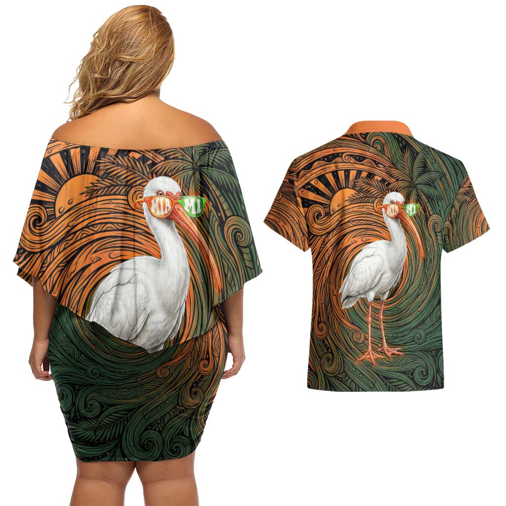 Vintage American White Ibis Couples Matching Off Shoulder Short Dress and Hawaiian Shirt Miami Sunglasses Artistic Tribal Wave Pattern