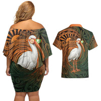 Vintage American White Ibis Couples Matching Off Shoulder Short Dress and Hawaiian Shirt Miami Sunglasses Artistic Tribal Wave Pattern