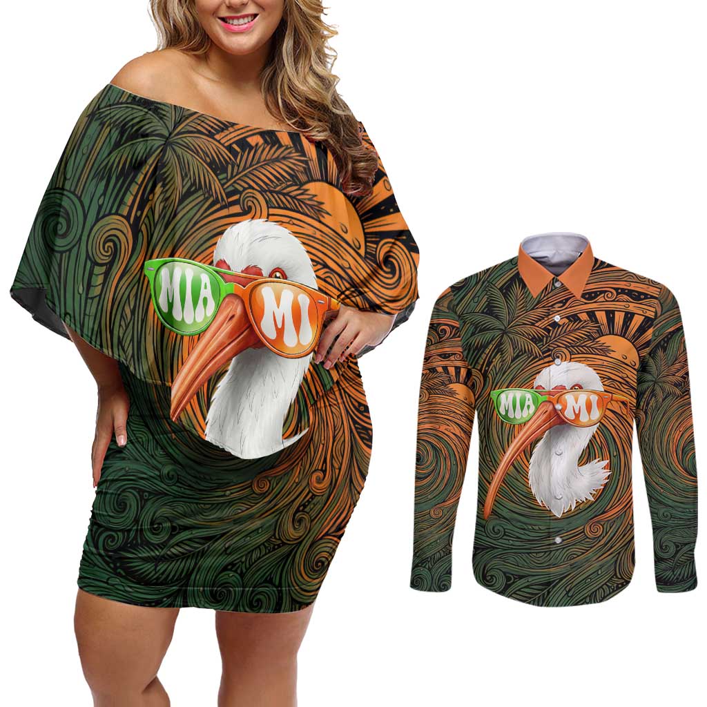 Vintage American White Ibis Couples Matching Off Shoulder Short Dress and Long Sleeve Button Shirt Miami Sunglasses Artistic Tribal Wave Pattern