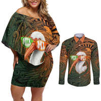 Vintage American White Ibis Couples Matching Off Shoulder Short Dress and Long Sleeve Button Shirt Miami Sunglasses Artistic Tribal Wave Pattern