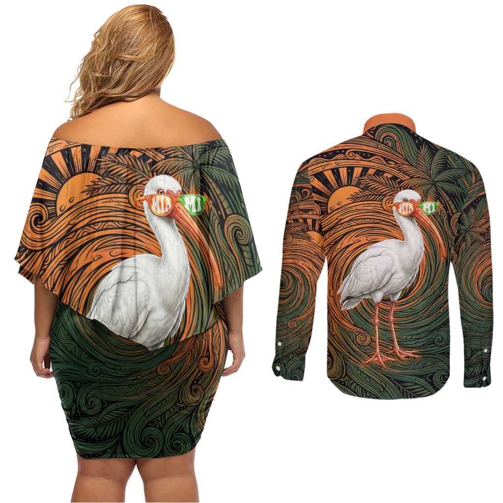 Vintage American White Ibis Couples Matching Off Shoulder Short Dress and Long Sleeve Button Shirt Miami Sunglasses Artistic Tribal Wave Pattern