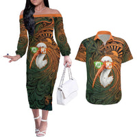 Vintage American White Ibis Couples Matching Off The Shoulder Long Sleeve Dress and Hawaiian Shirt Miami Sunglasses Artistic Tribal Wave Pattern