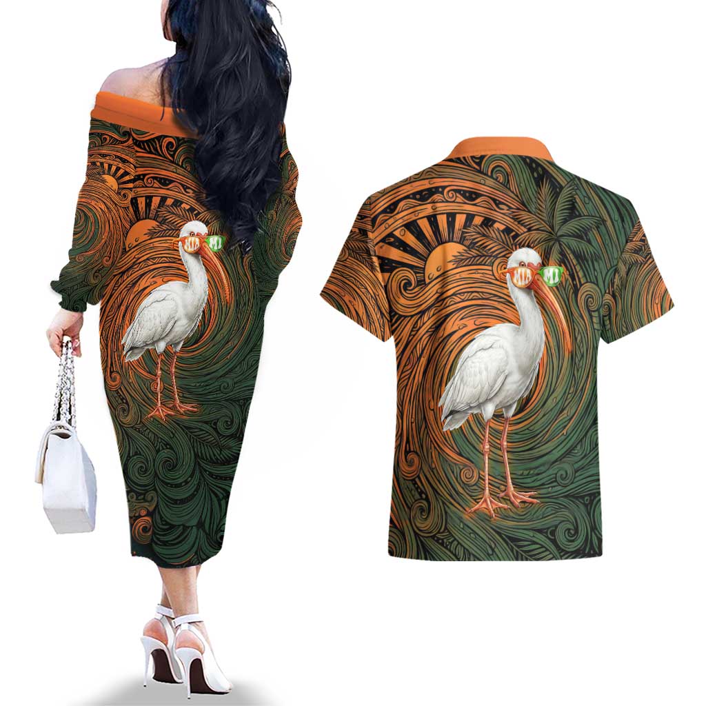 Vintage American White Ibis Couples Matching Off The Shoulder Long Sleeve Dress and Hawaiian Shirt Miami Sunglasses Artistic Tribal Wave Pattern