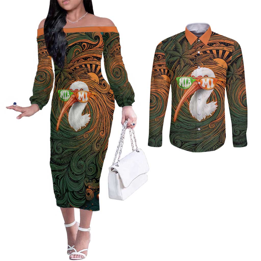 Vintage American White Ibis Couples Matching Off The Shoulder Long Sleeve Dress and Long Sleeve Button Shirt Miami Sunglasses Artistic Tribal Wave Pattern