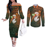 Vintage American White Ibis Couples Matching Off The Shoulder Long Sleeve Dress and Long Sleeve Button Shirt Miami Sunglasses Artistic Tribal Wave Pattern