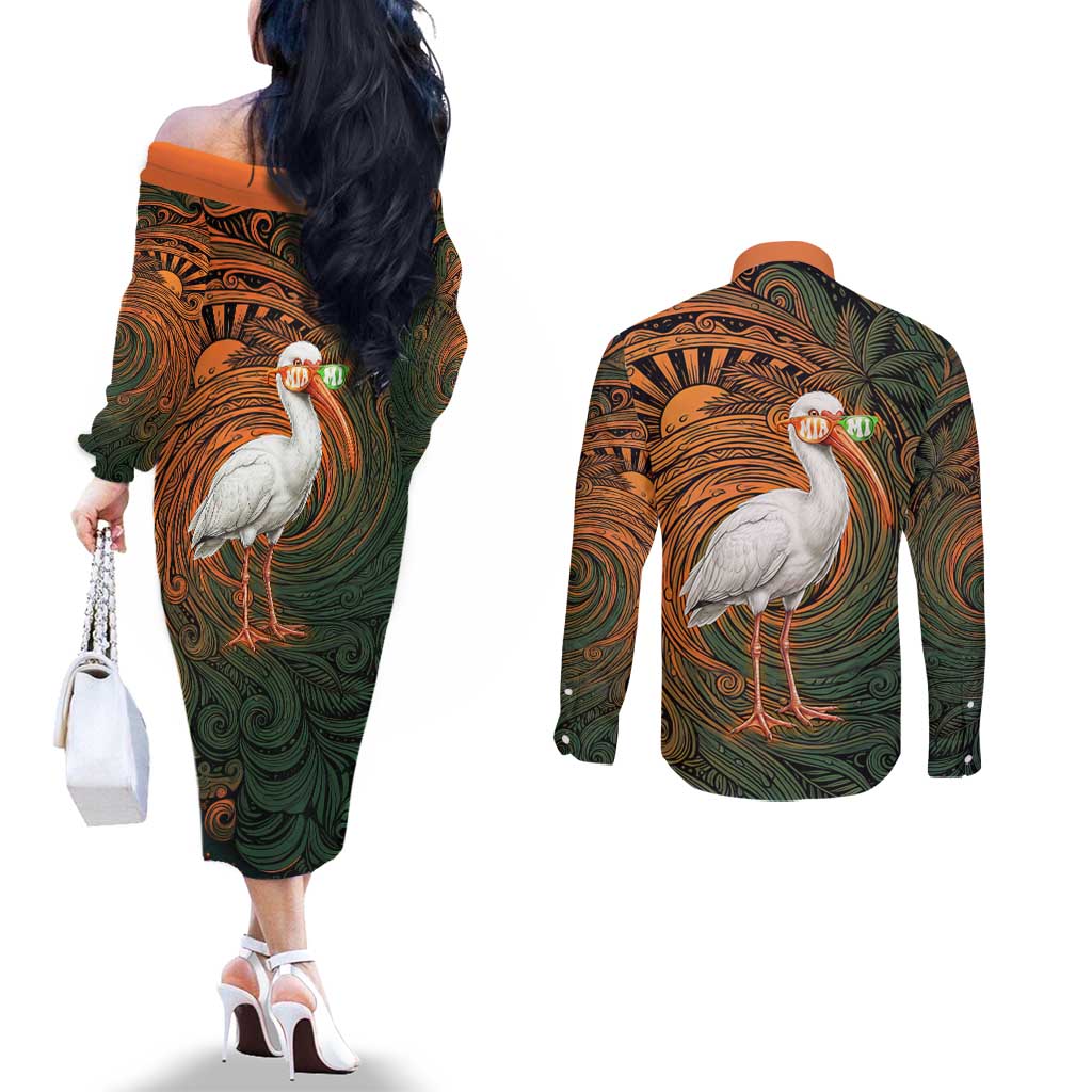 Vintage American White Ibis Couples Matching Off The Shoulder Long Sleeve Dress and Long Sleeve Button Shirt Miami Sunglasses Artistic Tribal Wave Pattern