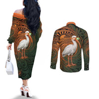 Vintage American White Ibis Couples Matching Off The Shoulder Long Sleeve Dress and Long Sleeve Button Shirt Miami Sunglasses Artistic Tribal Wave Pattern
