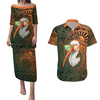 Vintage American White Ibis Couples Matching Puletasi and Hawaiian Shirt Miami Sunglasses Artistic Tribal Wave Pattern