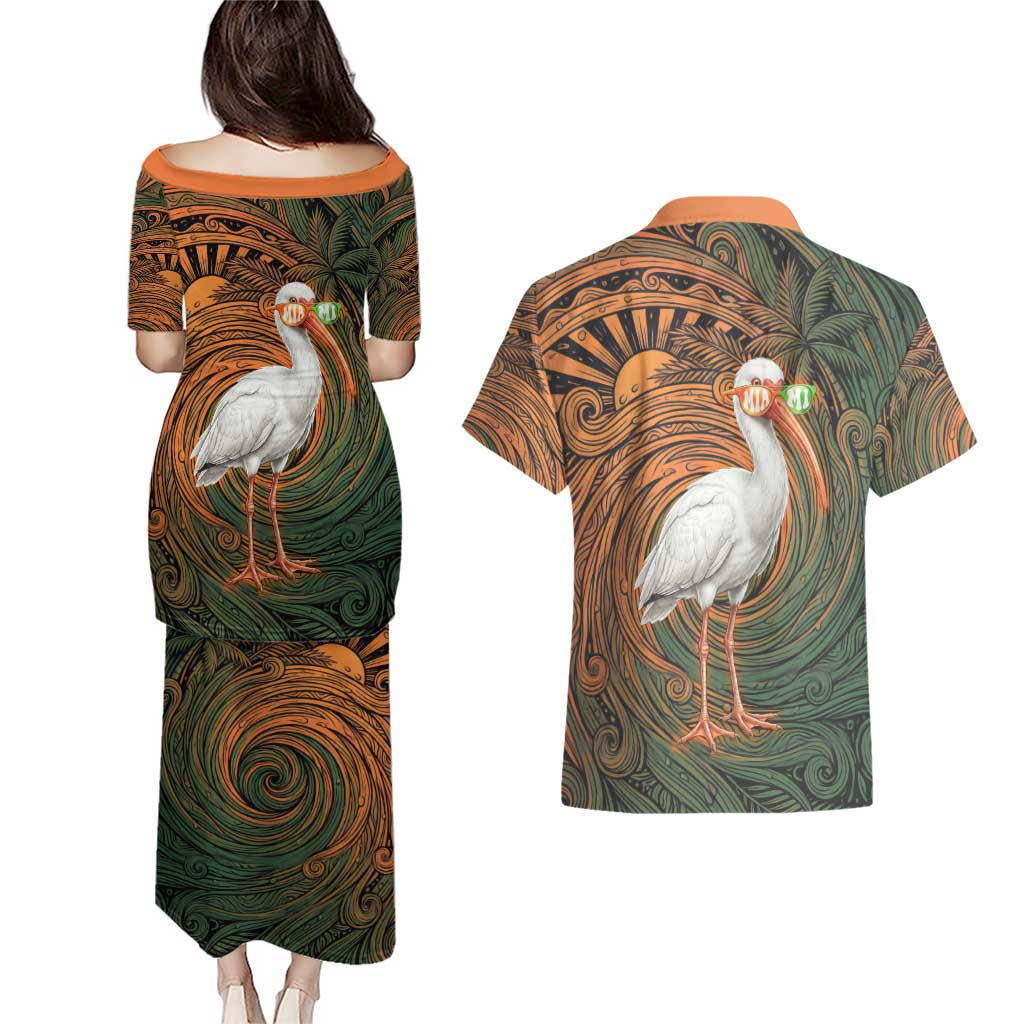 Vintage American White Ibis Couples Matching Puletasi and Hawaiian Shirt Miami Sunglasses Artistic Tribal Wave Pattern