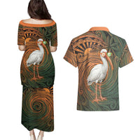 Vintage American White Ibis Couples Matching Puletasi and Hawaiian Shirt Miami Sunglasses Artistic Tribal Wave Pattern