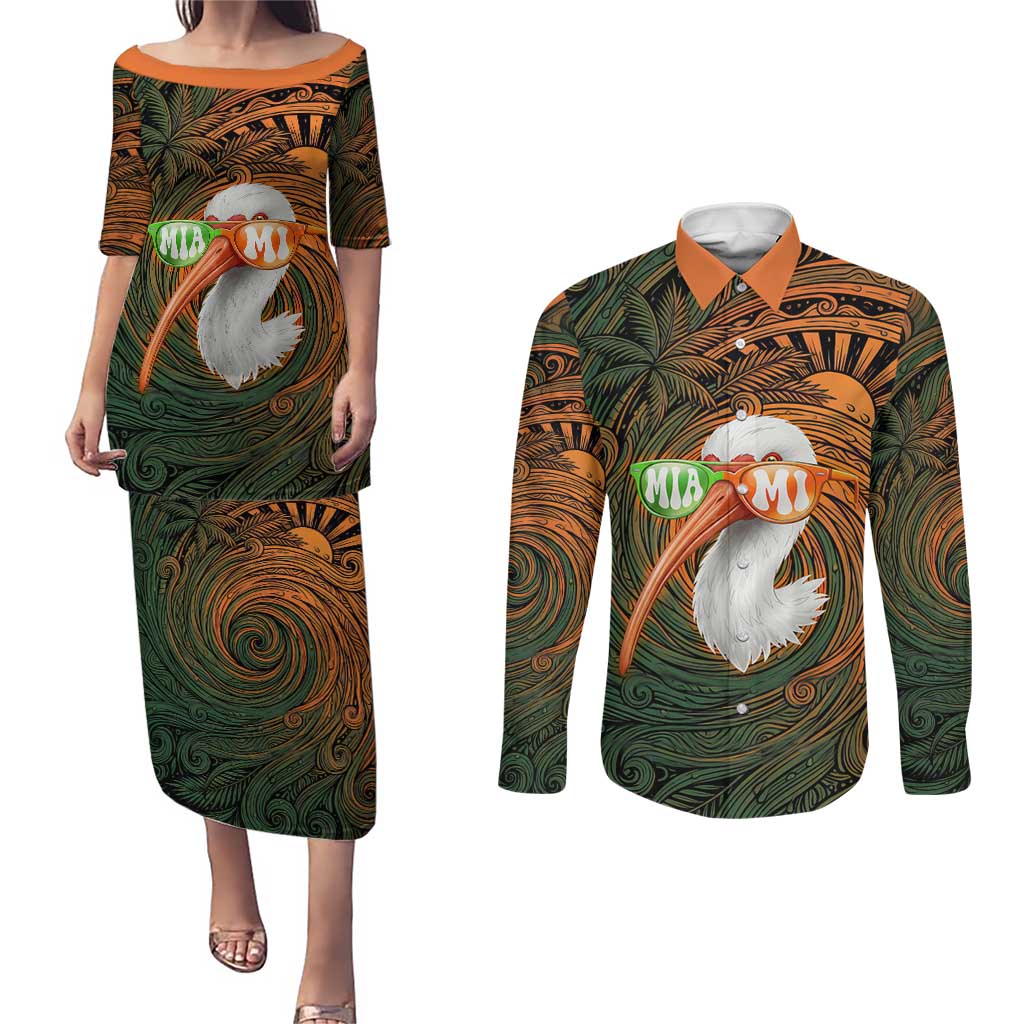 Vintage American White Ibis Couples Matching Puletasi and Long Sleeve Button Shirt Miami Sunglasses Artistic Tribal Wave Pattern