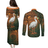 Vintage American White Ibis Couples Matching Puletasi and Long Sleeve Button Shirt Miami Sunglasses Artistic Tribal Wave Pattern