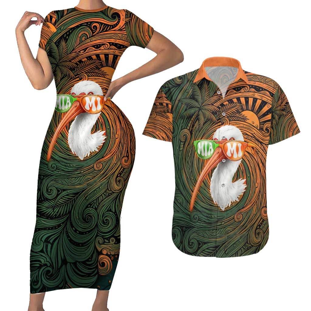 Vintage American White Ibis Couples Matching Short Sleeve Bodycon Dress and Hawaiian Shirt Miami Sunglasses Artistic Tribal Wave Pattern