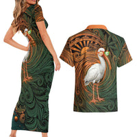 Vintage American White Ibis Couples Matching Short Sleeve Bodycon Dress and Hawaiian Shirt Miami Sunglasses Artistic Tribal Wave Pattern