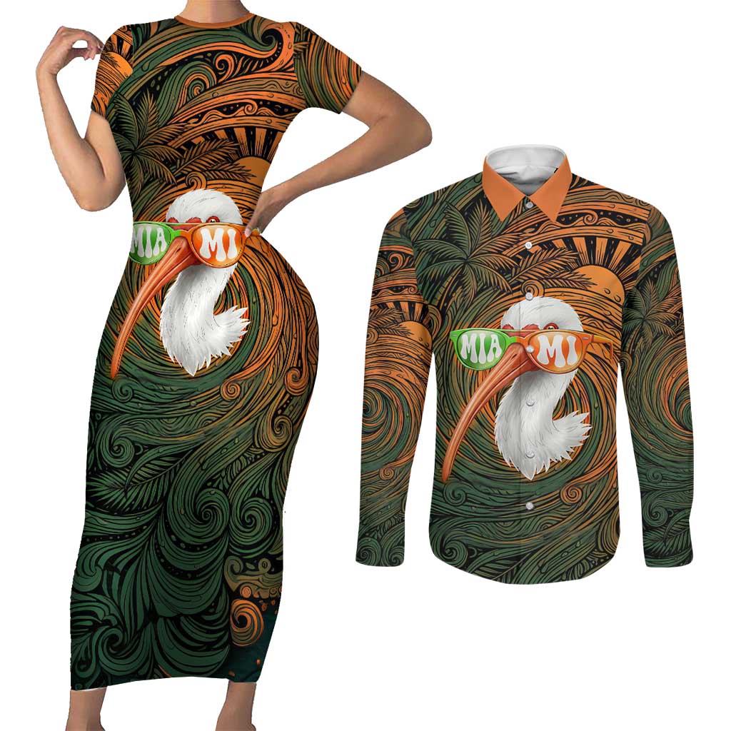 Vintage American White Ibis Couples Matching Short Sleeve Bodycon Dress and Long Sleeve Button Shirt Miami Sunglasses Artistic Tribal Wave Pattern