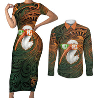 Vintage American White Ibis Couples Matching Short Sleeve Bodycon Dress and Long Sleeve Button Shirt Miami Sunglasses Artistic Tribal Wave Pattern