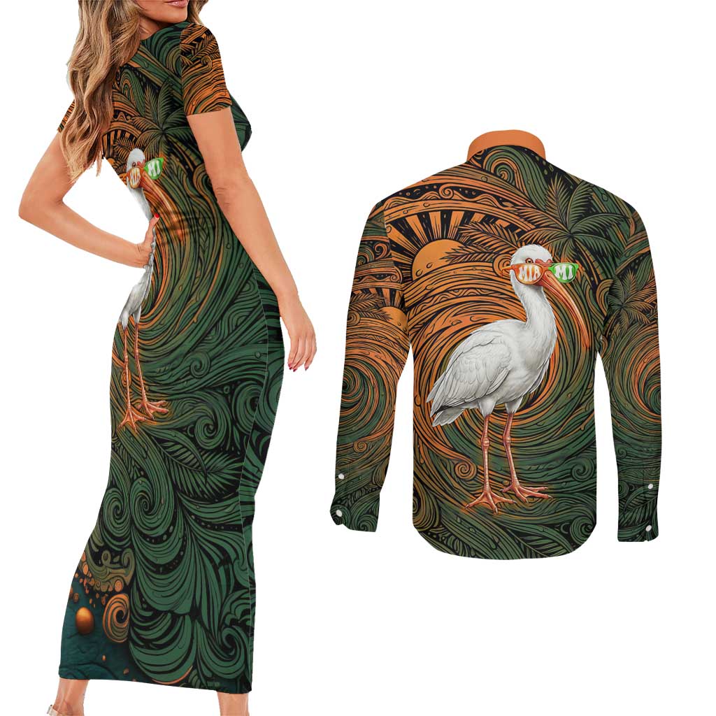Vintage American White Ibis Couples Matching Short Sleeve Bodycon Dress and Long Sleeve Button Shirt Miami Sunglasses Artistic Tribal Wave Pattern