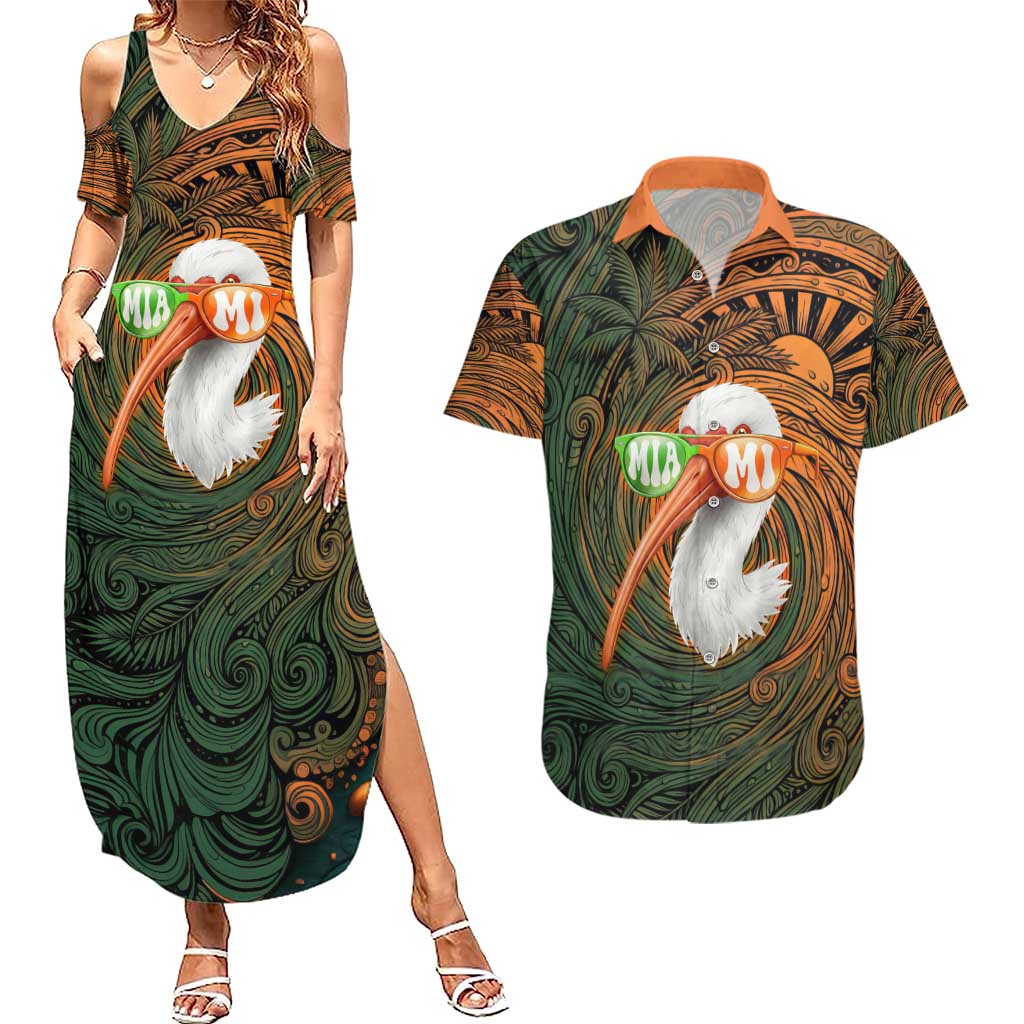 Vintage American White Ibis Couples Matching Summer Maxi Dress and Hawaiian Shirt Miami Sunglasses Artistic Tribal Wave Pattern
