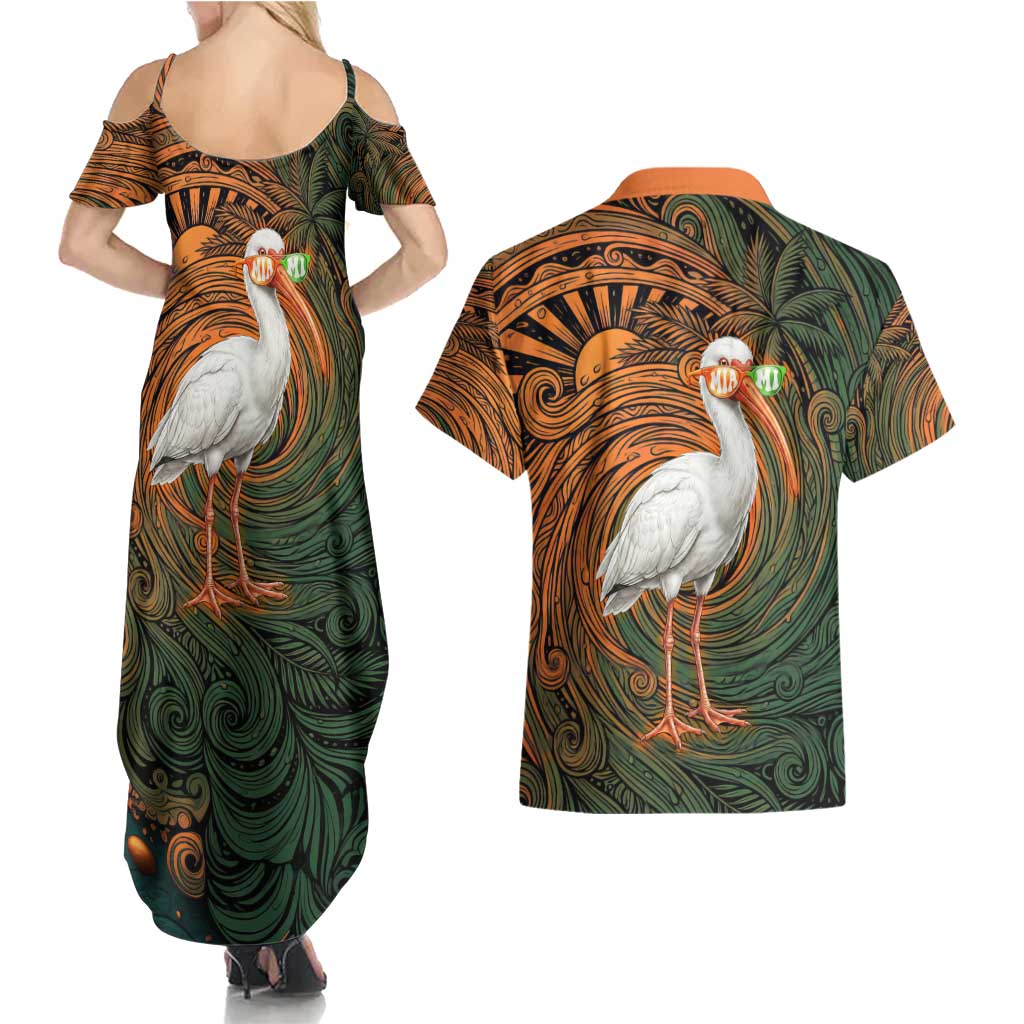 Vintage American White Ibis Couples Matching Summer Maxi Dress and Hawaiian Shirt Miami Sunglasses Artistic Tribal Wave Pattern
