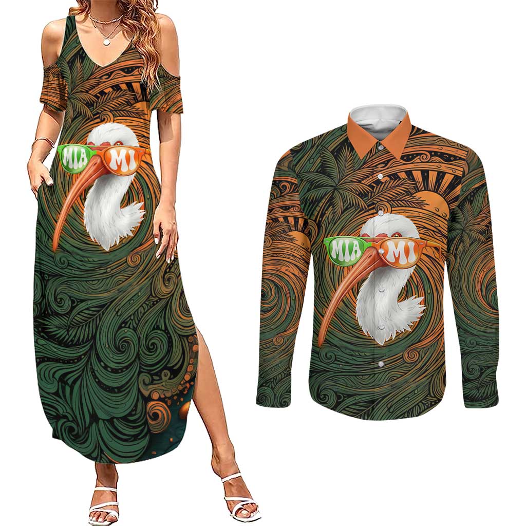 Vintage American White Ibis Couples Matching Summer Maxi Dress and Long Sleeve Button Shirt Miami Sunglasses Artistic Tribal Wave Pattern