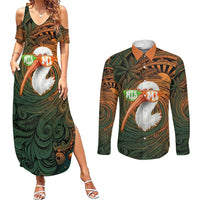 Vintage American White Ibis Couples Matching Summer Maxi Dress and Long Sleeve Button Shirt Miami Sunglasses Artistic Tribal Wave Pattern