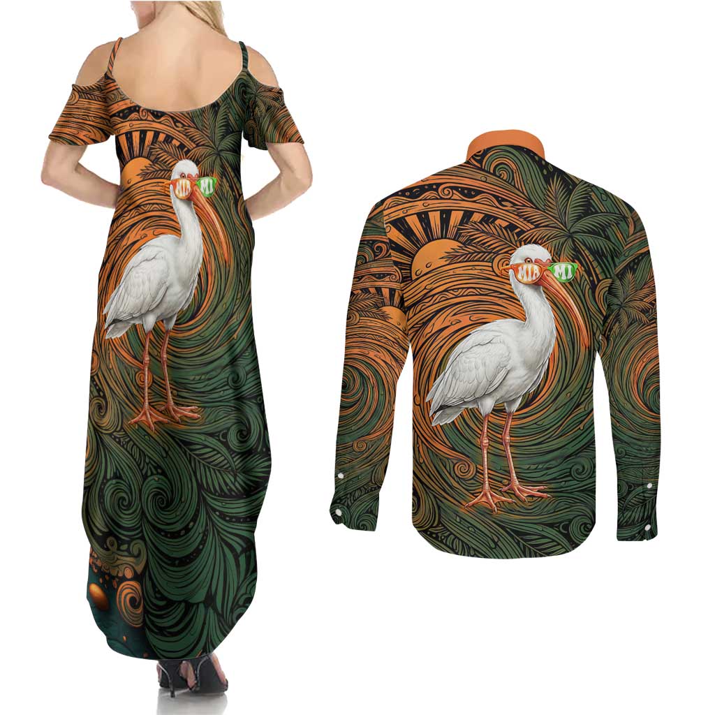 Vintage American White Ibis Couples Matching Summer Maxi Dress and Long Sleeve Button Shirt Miami Sunglasses Artistic Tribal Wave Pattern