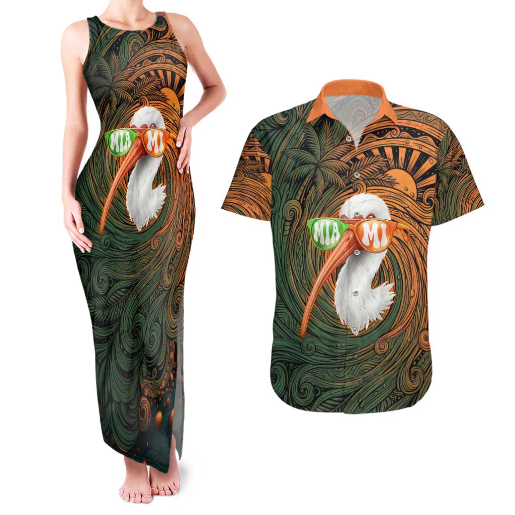 Vintage American White Ibis Couples Matching Tank Maxi Dress and Hawaiian Shirt Miami Sunglasses Artistic Tribal Wave Pattern