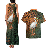 Vintage American White Ibis Couples Matching Tank Maxi Dress and Hawaiian Shirt Miami Sunglasses Artistic Tribal Wave Pattern
