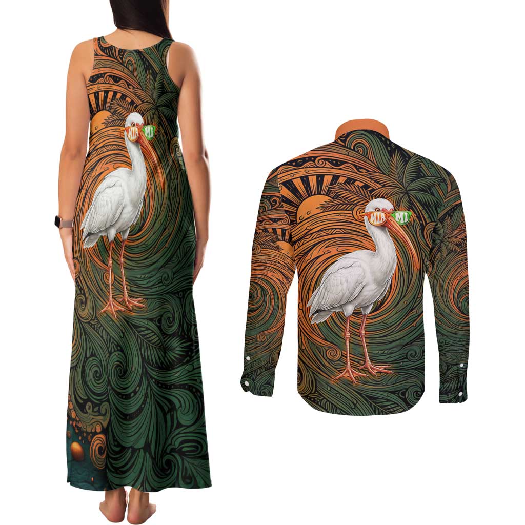 Vintage American White Ibis Couples Matching Tank Maxi Dress and Long Sleeve Button Shirt Miami Sunglasses Artistic Tribal Wave Pattern